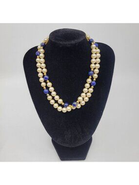 Vintage Pearl & Lapis Lazuli Beaded Necklace Estate Jewelry - JW003